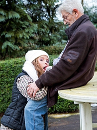 CrocoPost presents: Kinky teen cutie Bunny suck and fuck an old cock outdoors