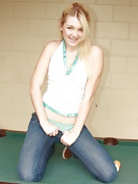 CrocoPost presents: Sweet blonde babe spreads shaved pussy on pool table
