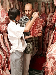 CrocoPost presents: Teenage brunette gets dirty with the butcher his big meat