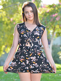 CrocoPost presents: Svelte american dark-haired teen Kylie Quinn in shorts toys her twat outdoor