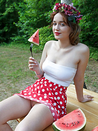 CrocoPost presents: Nice belarusian stunner Rokki removes all clothes on a blanket in a backyard